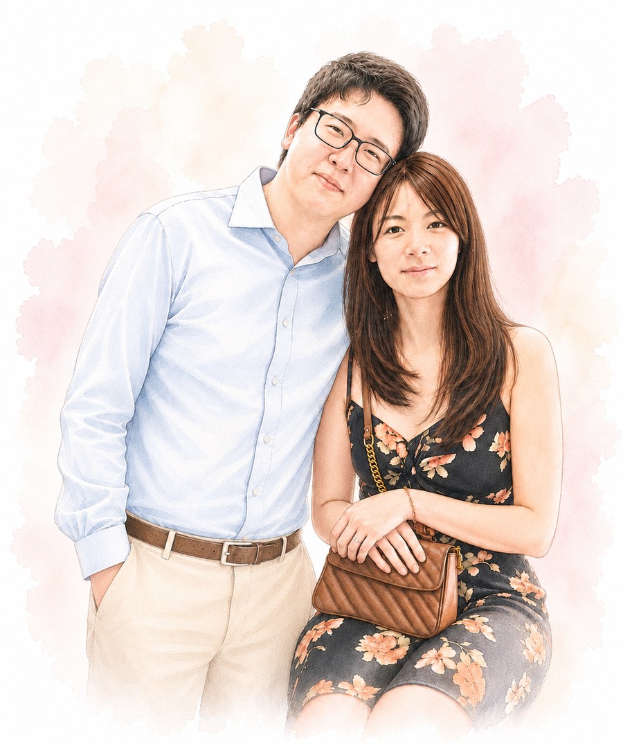 Watercolour portrait of Sueyi and William